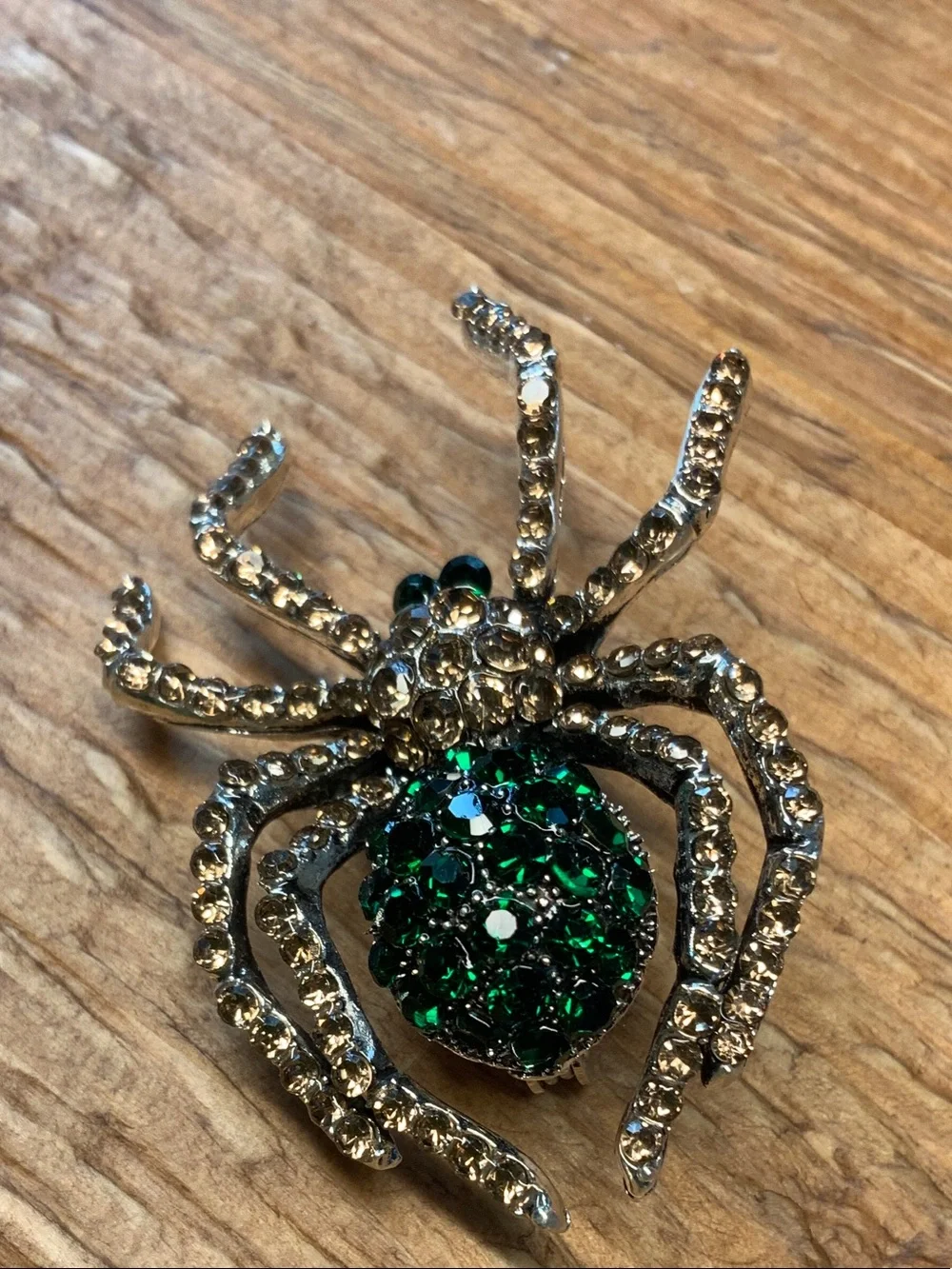 Emerald-Green Crystal-Encrusted Body and Silver Tone Spider Brooch